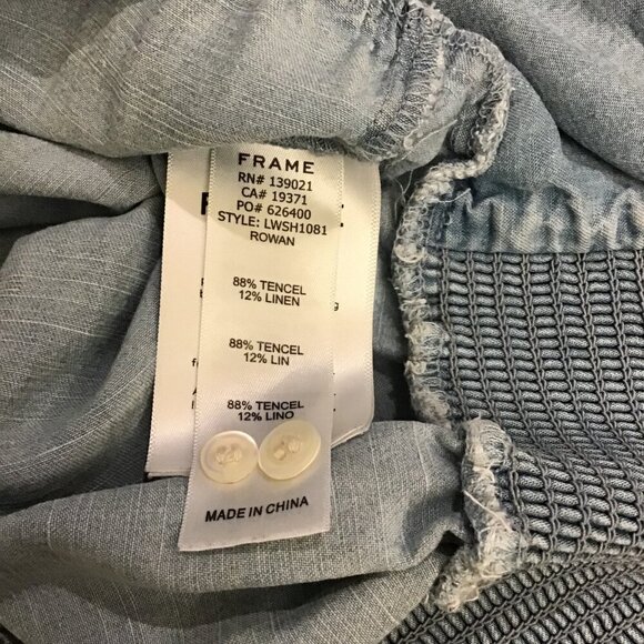 FRAME Large Flutter Sleeve Smocked Chambray Women’s Linen Blend Top Blouse - Picture 7 of 10